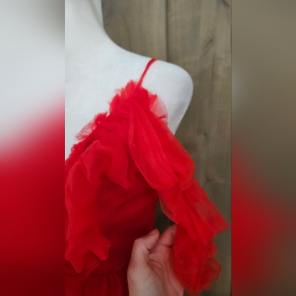 EILLY BAZAR Red Sheer Mesh Tie Front Ruffle Detail Cold Shoulder Mini Dress. XS - Picture 15 of 16